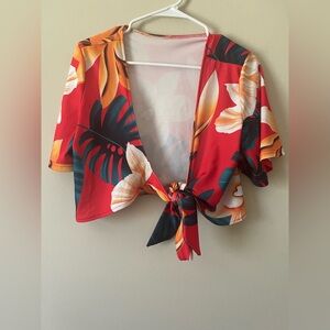 Tropical Floral Tie-Front Top - Red